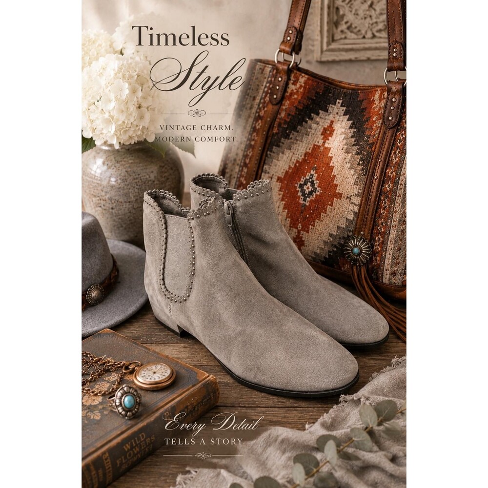 VanEli Aksa Chelsea Bootie – Women’s 8.5 Suede Gunmetal Grey, Scalloped Studded